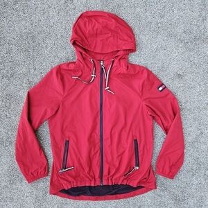 Vintage Tommy Hilfiger Red Hooded Windbreaker Lightweight Zip Up Jacket Womens S